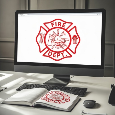 fire department symbol on an open book on a computer monitor