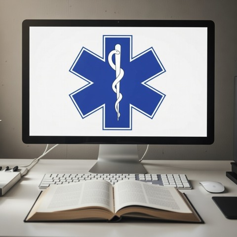 emergency medical symbol on a computer monitor with a book in front