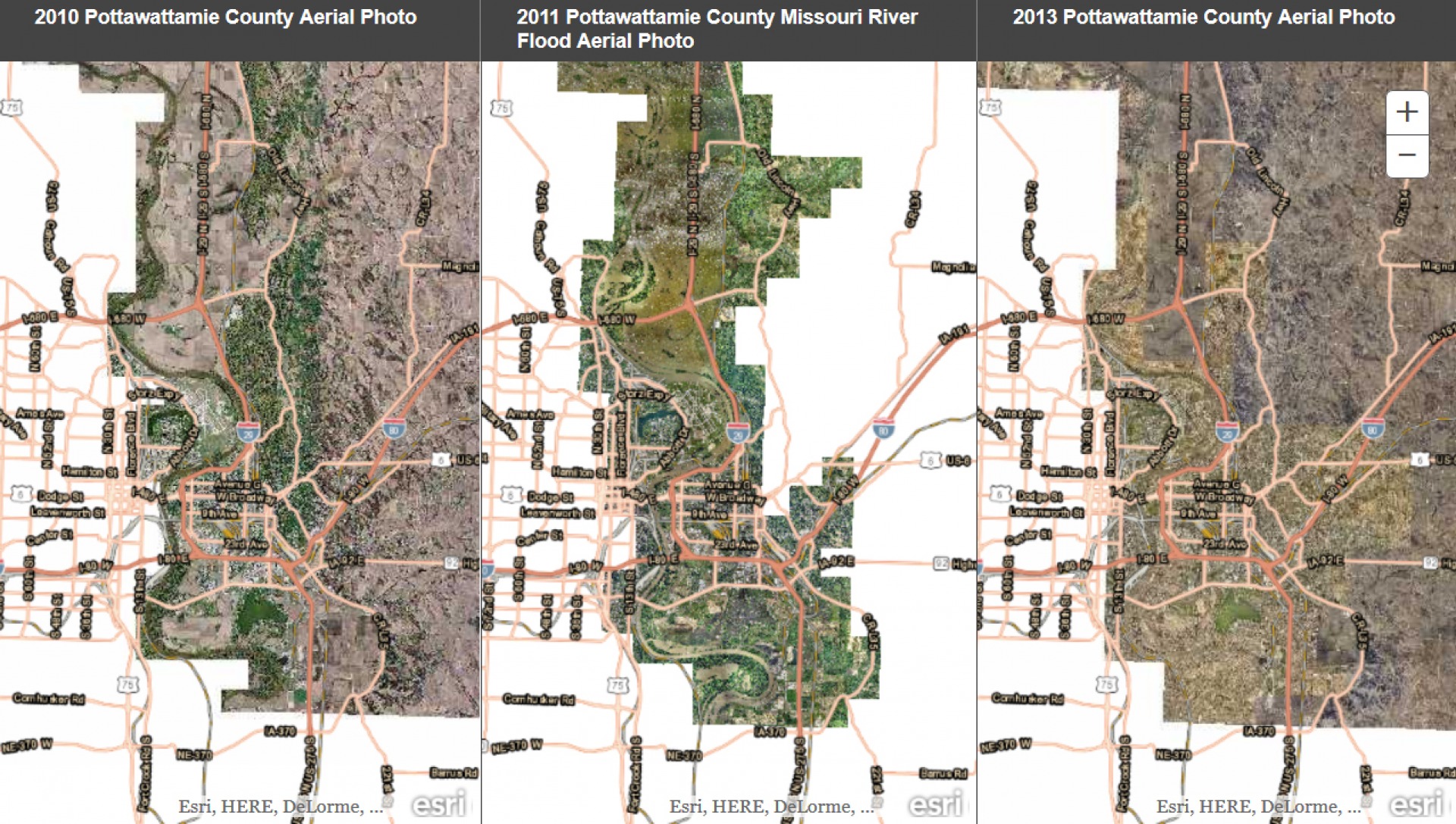 2010, 2011, and 2013 Pottawattamie County Aerial Photos for Flood Comparison