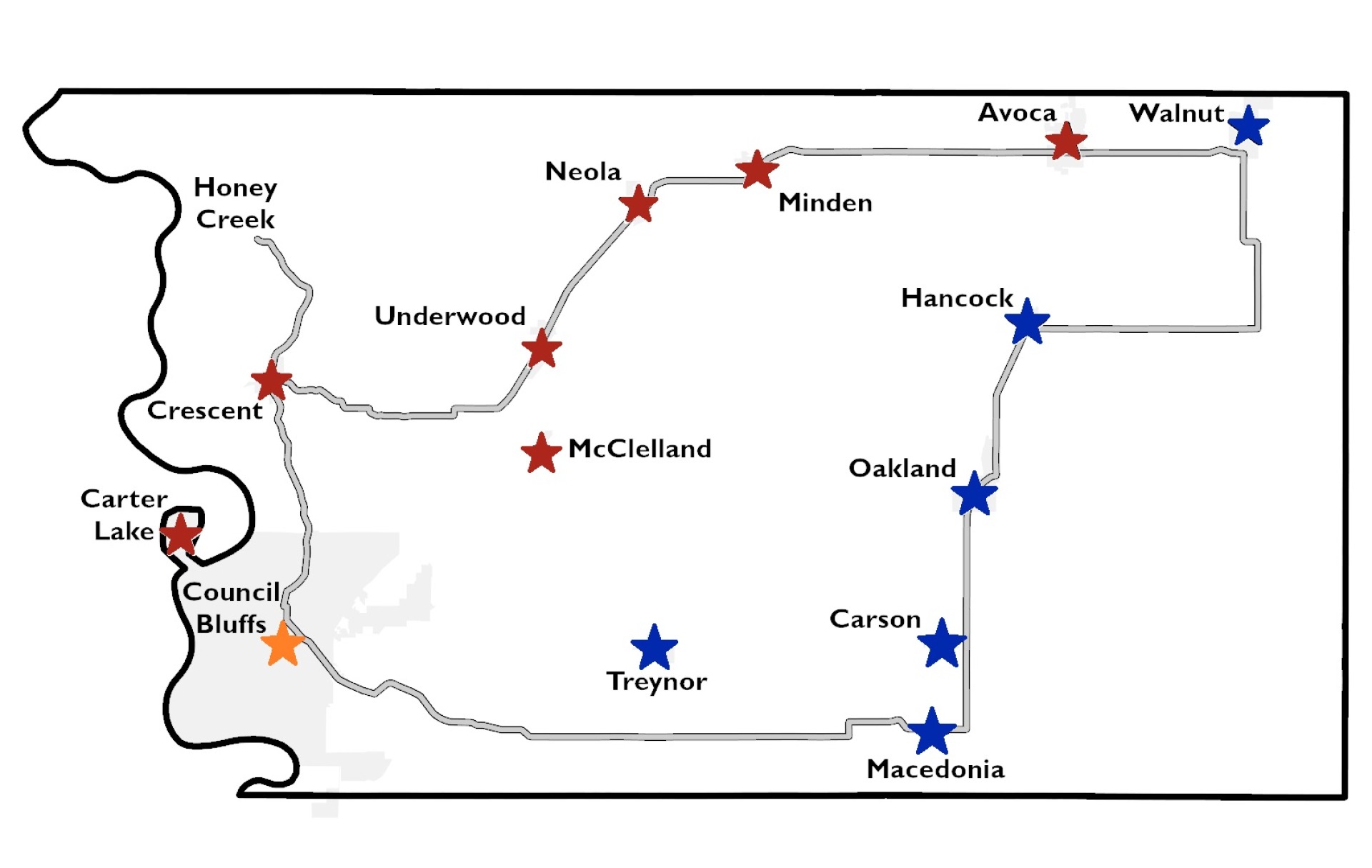 an outline map of Pottawattamie county with stars on various towns