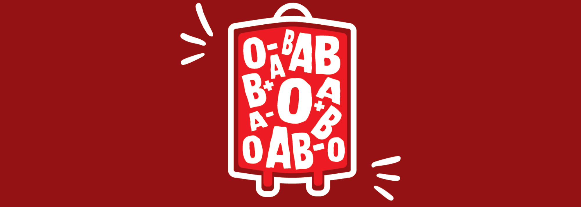 Red blood drive graphic with symbols of blood types in white text