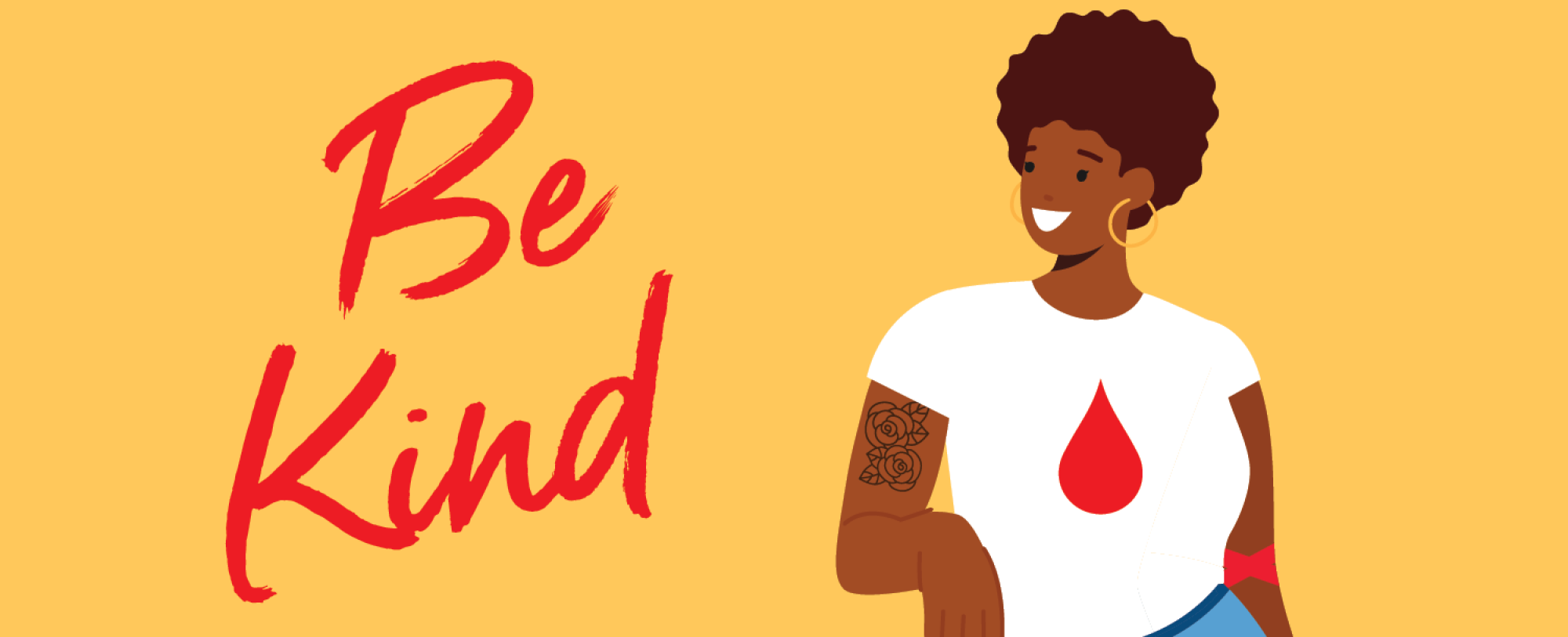 Be Kind text in red next to illustration of woman wearing a blood donor tshirt