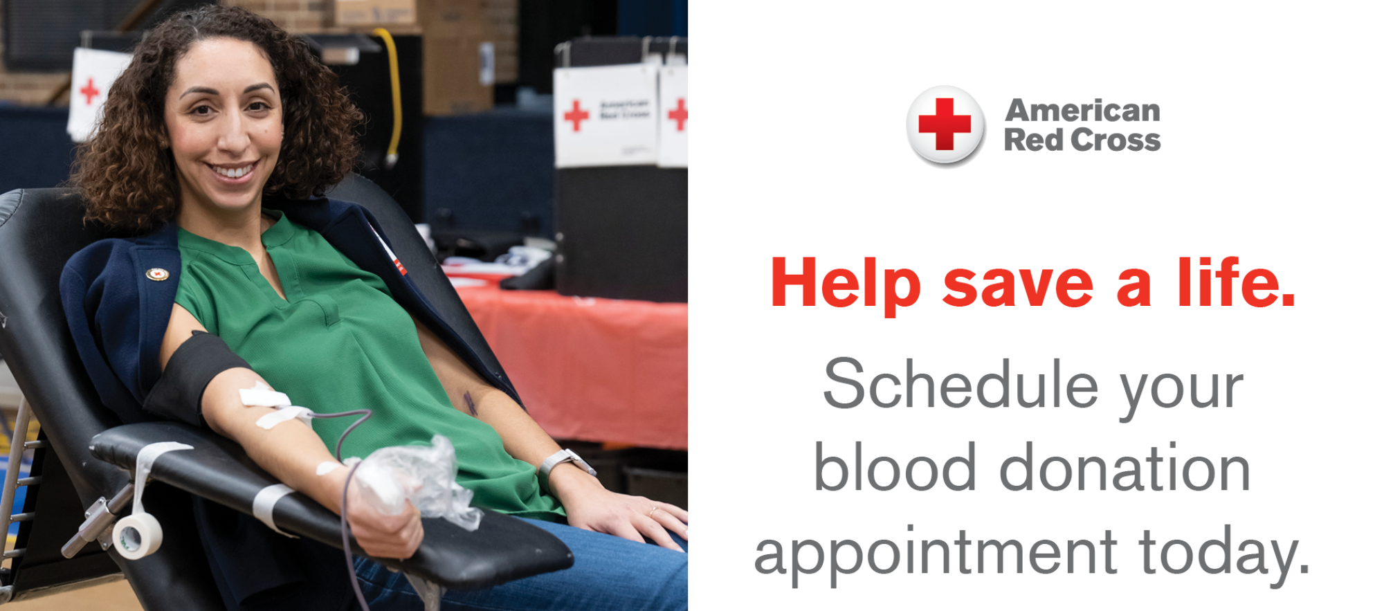 Help save a life. Schedule your blood drive donation today text with woman giving blood.