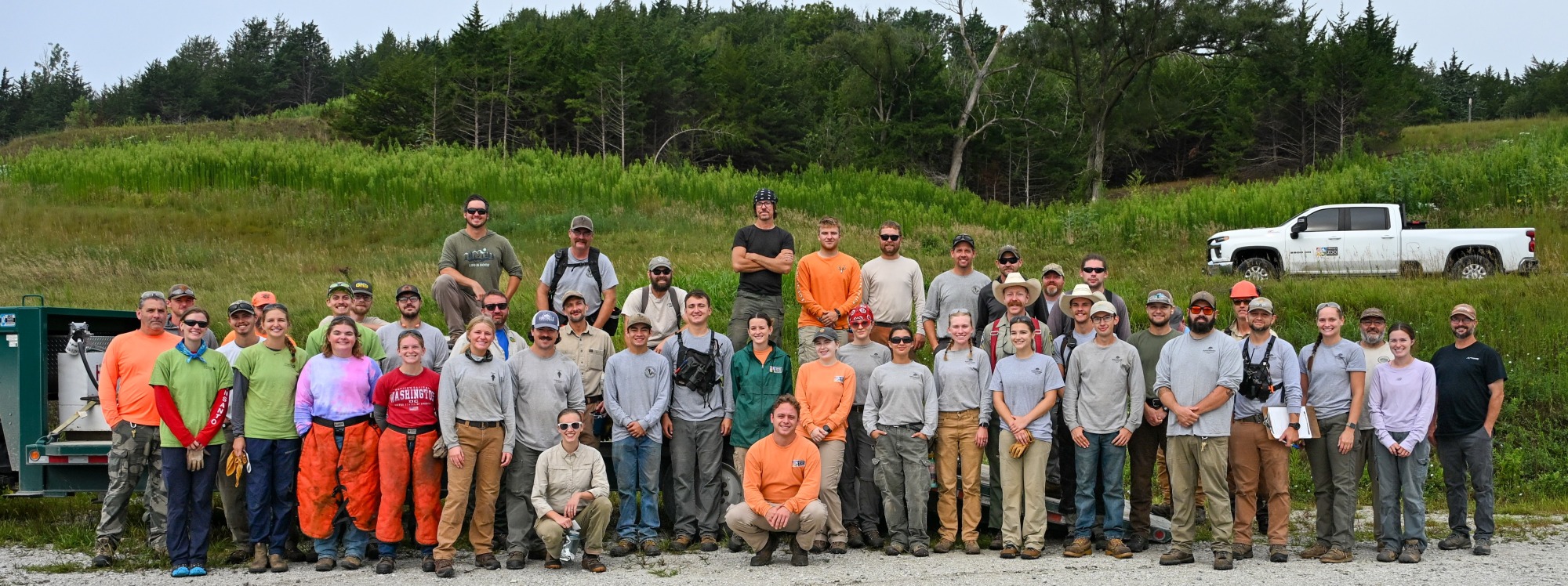 50 volunteers before the start of Save the Prairie at Crescent Hill at Hitchcock