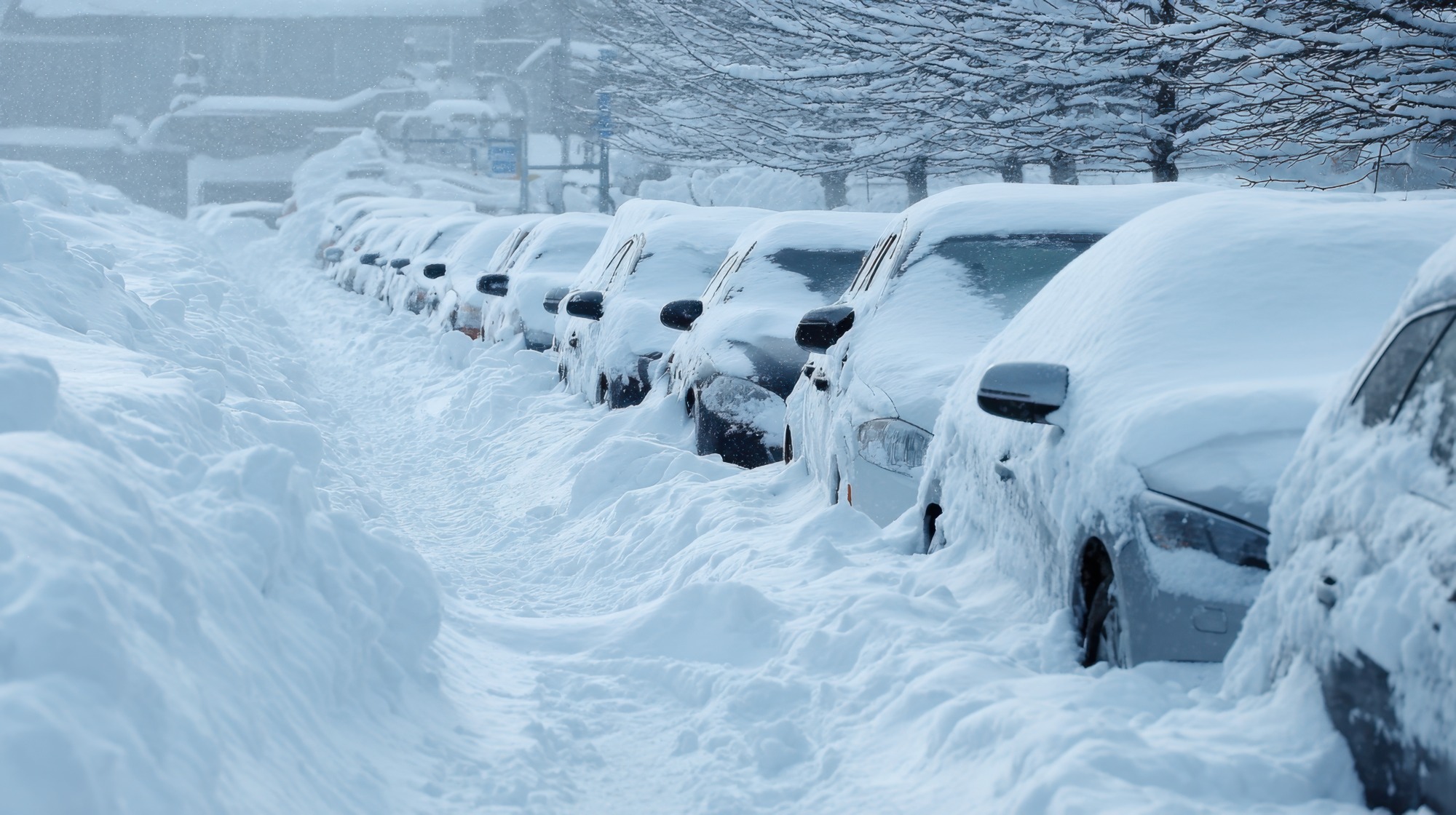 Parked cars covered in snow